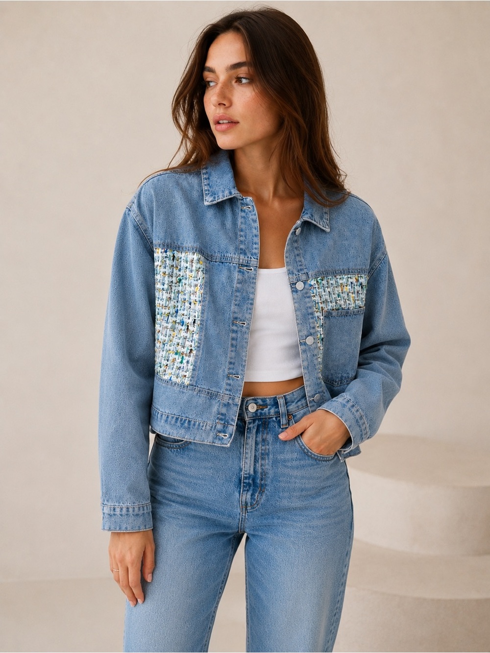 Royalty For Me Women’s Denim Jacket Size M – Tweed Panel Colorblock Jean Jacket